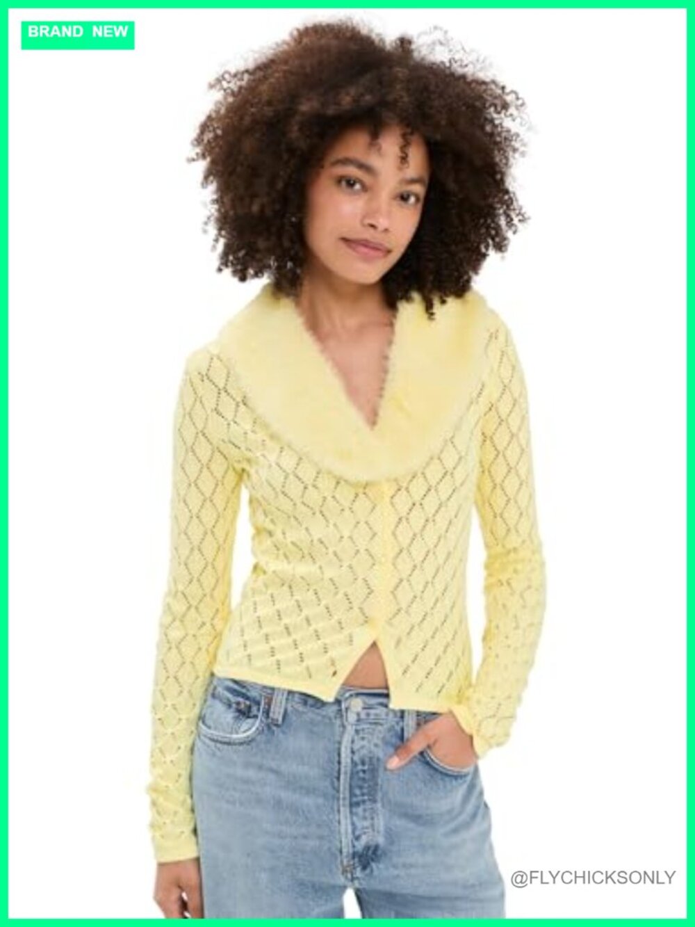 Lightweight Pointelle Knit Cardigan with Detachable Faux Fur Collar